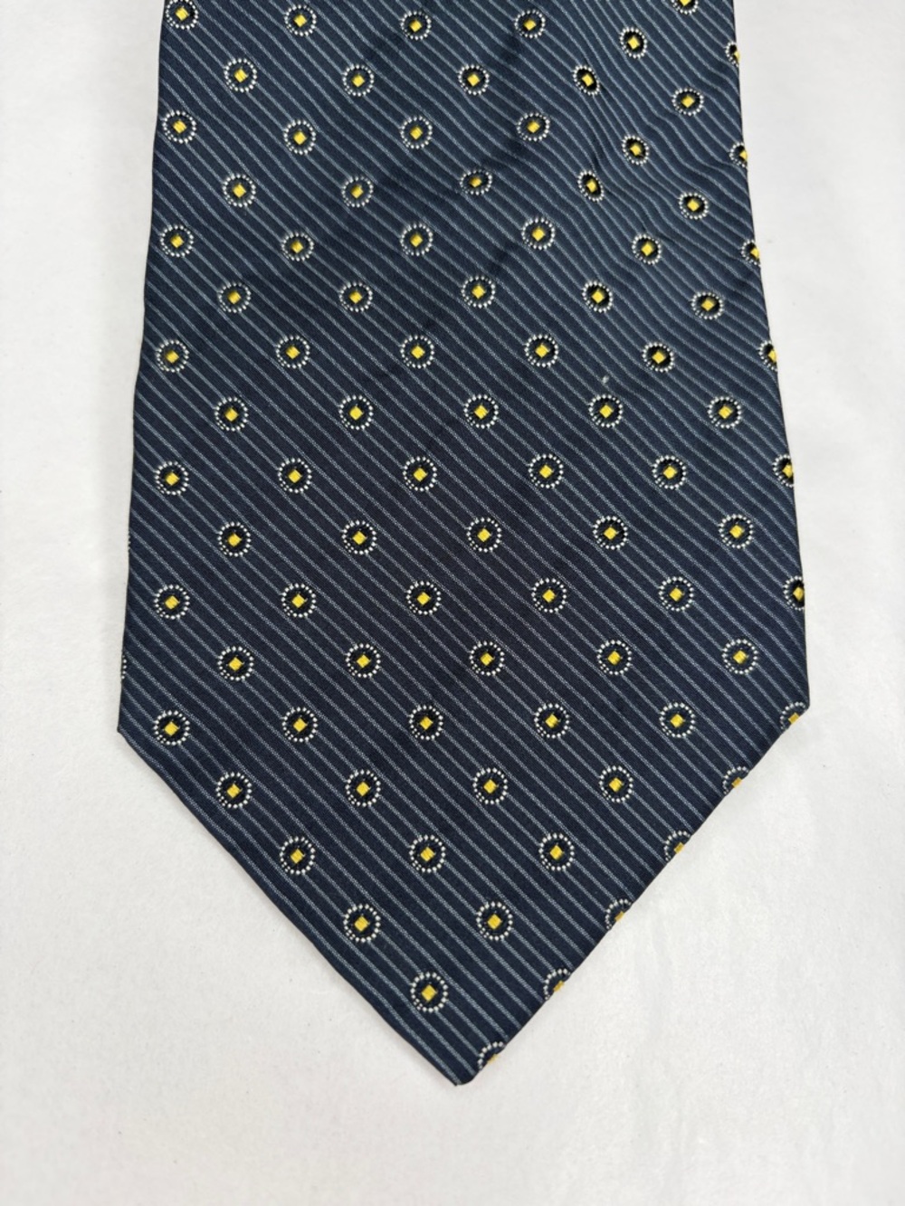 Nautica Men's Navy Silk Tie Diagonal Pinstripe Yellow Dot Medallion Necktie